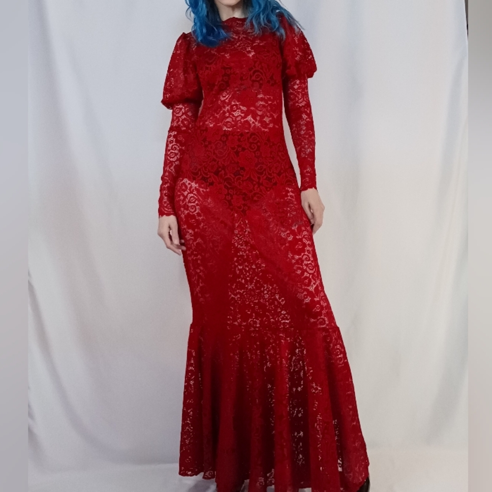 Red Floral Lace Maxi Dress with Leg-O-Mutton Sleeves.